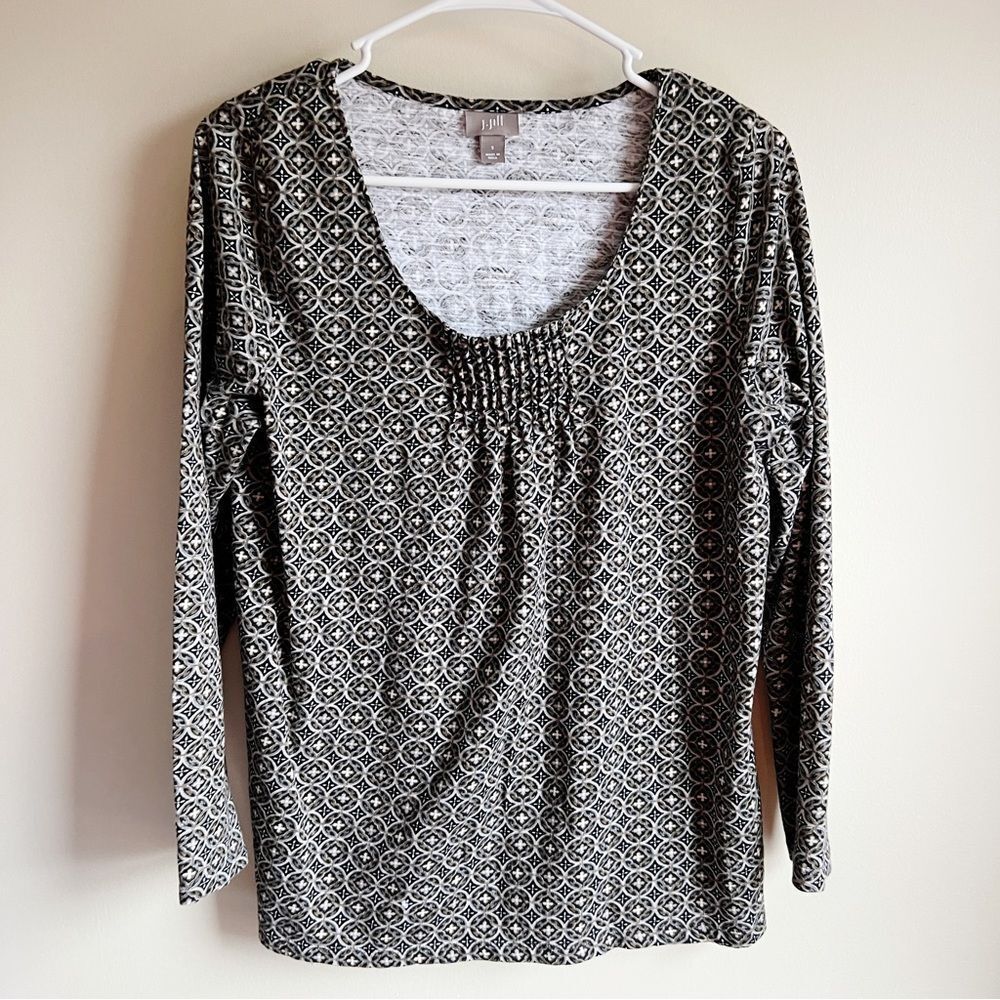 J Jill Black Patterned Pintuck Long Sleeve Blouse